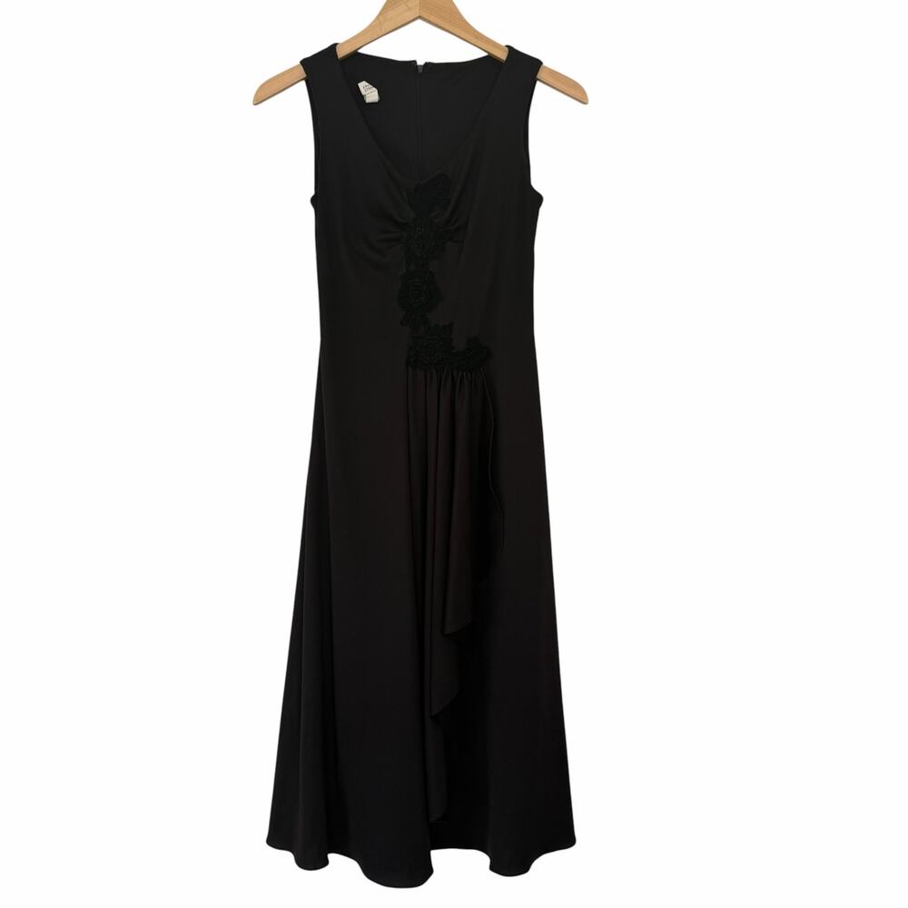 Vintage Black A Line Floral Detail Sleeveless Midi Dress Sz XS